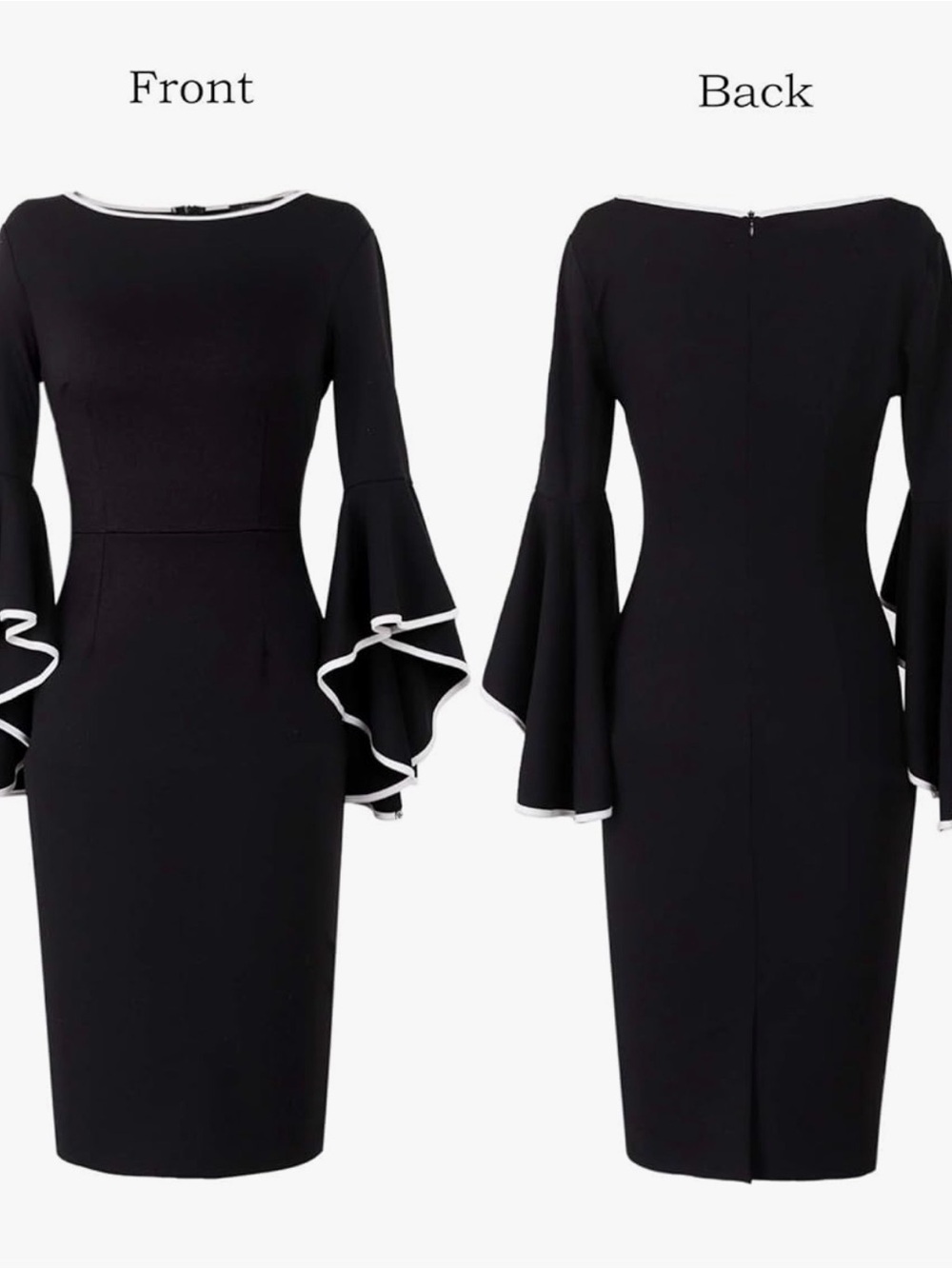 NWT VfShow Black Long- Bell Sleeve Pencil Sheath Dress White Trim, 3XL - Picture 2 of 10